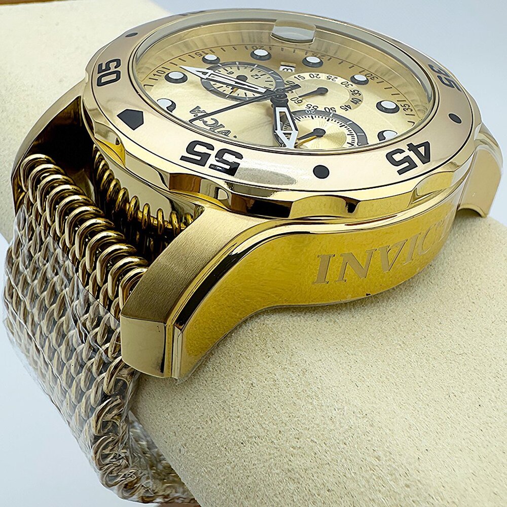 NEW Invicta Men's 48mm ProDiver Scuba Chronograph Watch Golden Dial SS Case Mesh - Picture 5 of 9